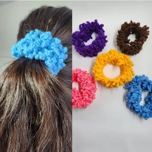 Set Of 5 Hand Made Crocheted Scrunchies Hair Elastic Bands Mixed Colors